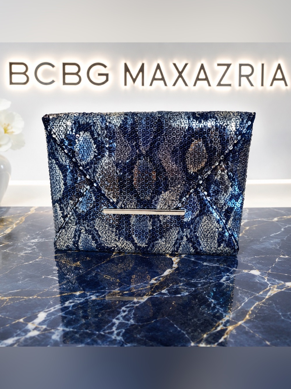BCBG MAXAZRIA Sequin Envelope Clutch 
Carbon Blue Navy & Silver Sequins NWT
